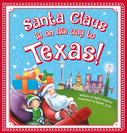 Santa Claus Is on His Way to Texas! board book cover by Sourcebooks featuring festive holiday illustrations