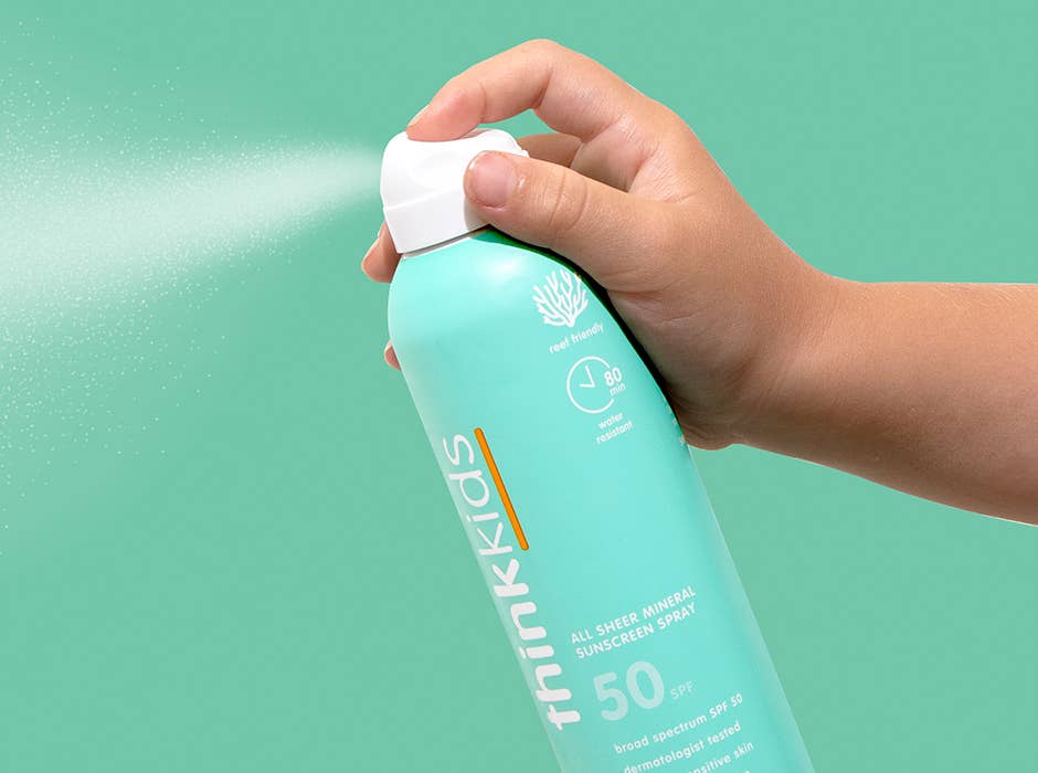 Think Kids SPF 50 All Sheer Mineral Sunscreen Spray bottle with reef-safe mineral formula