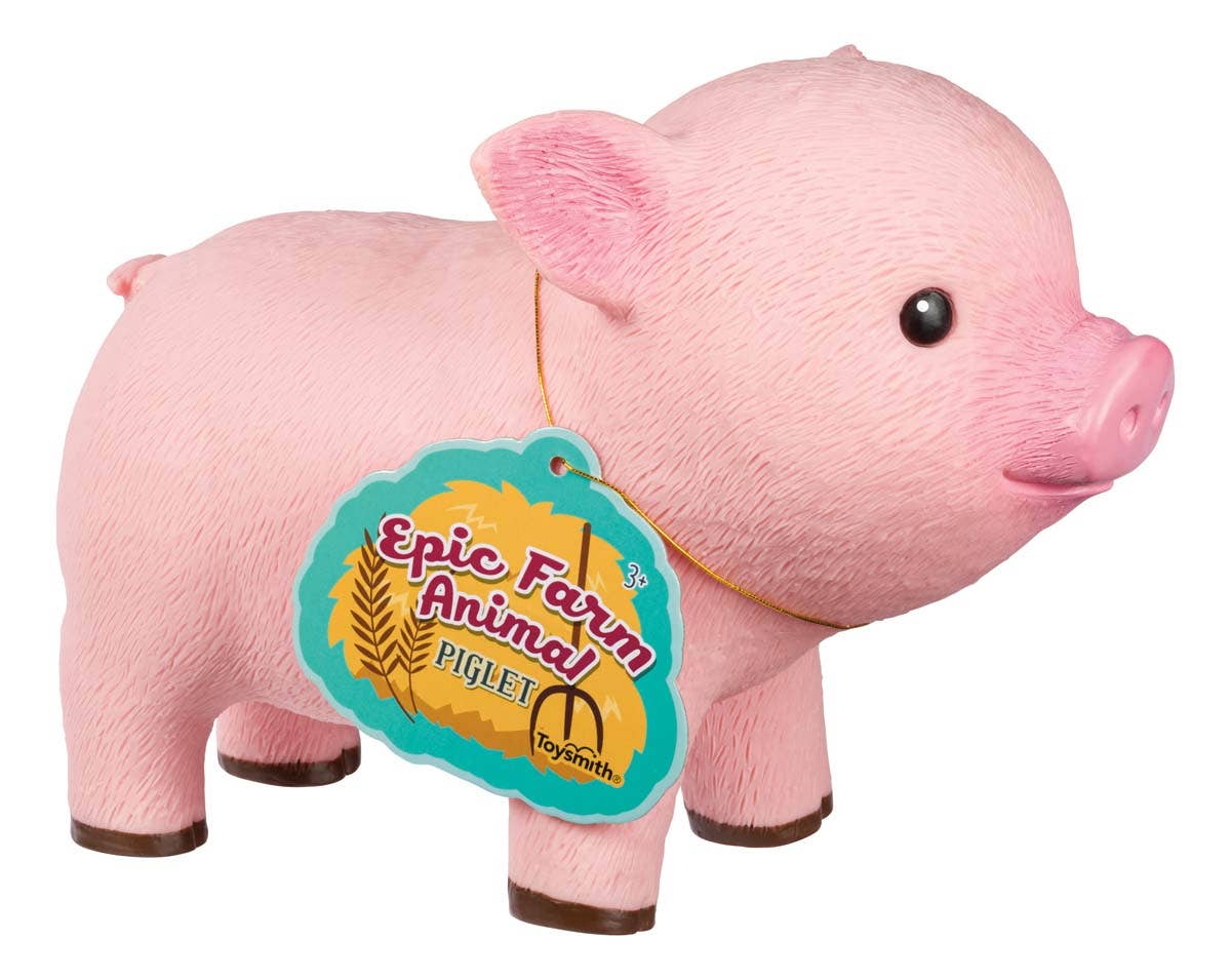 Farm Fresh Epic Farm Animals Piglet squeezable toy in bright pink plastic by Toysmith, 6.5 inches tall