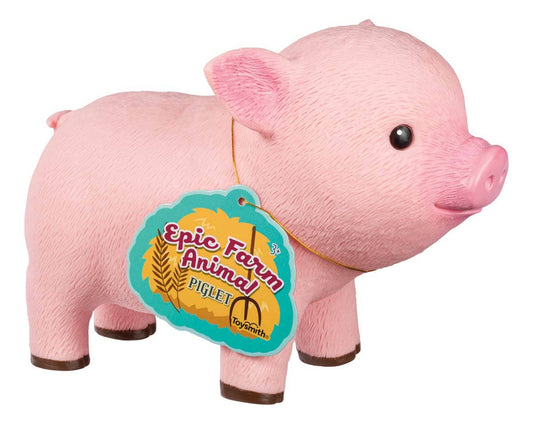 Farm Fresh Epic Farm Animals Piglet squeezable toy in bright pink plastic by Toysmith, 6.5 inches tall