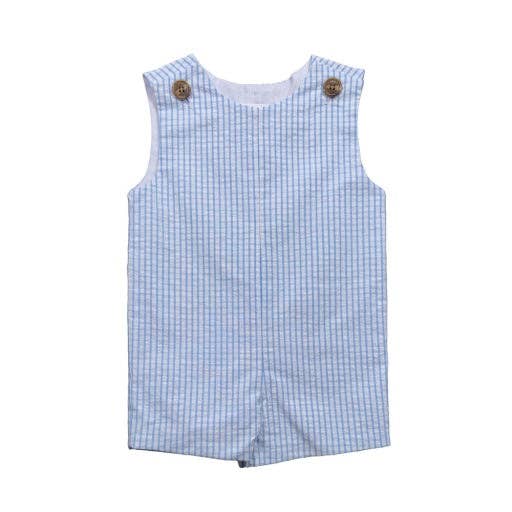 Rivers Seersucker Jon Jon romper in Light Blue Stripe, Blue Pointe Plaid, and Seaside White Plaid