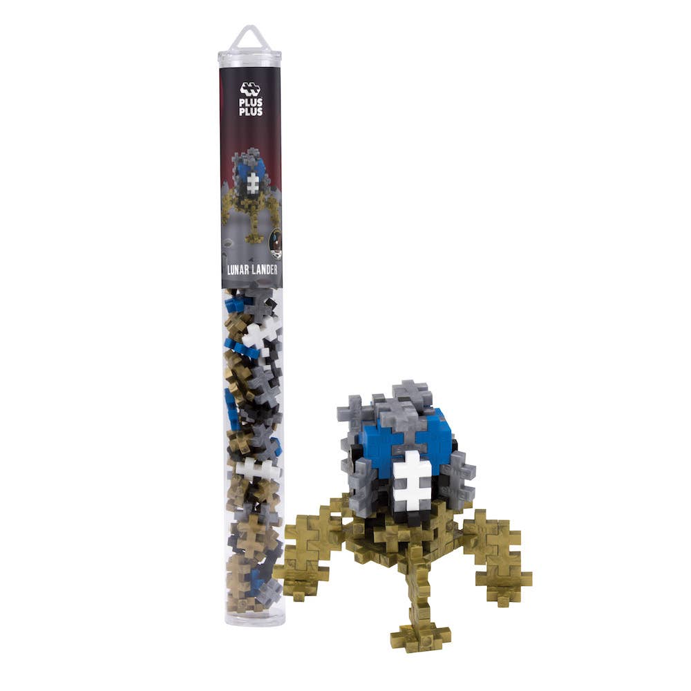 Plus-Plus Lunar Lander 70-piece construction set in blue, gold, white, silver, and black in reusable tube