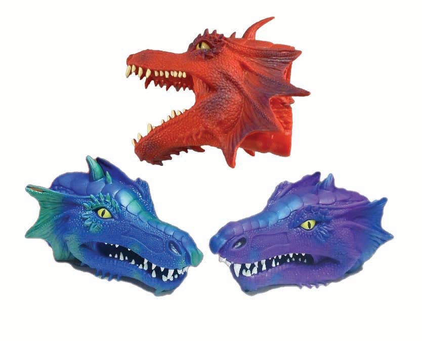 Three soft TPR dragon hand puppets in blue, purple, and red colorways by Streamline