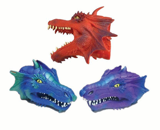 Three soft TPR dragon hand puppets in blue, purple, and red colorways by Streamline