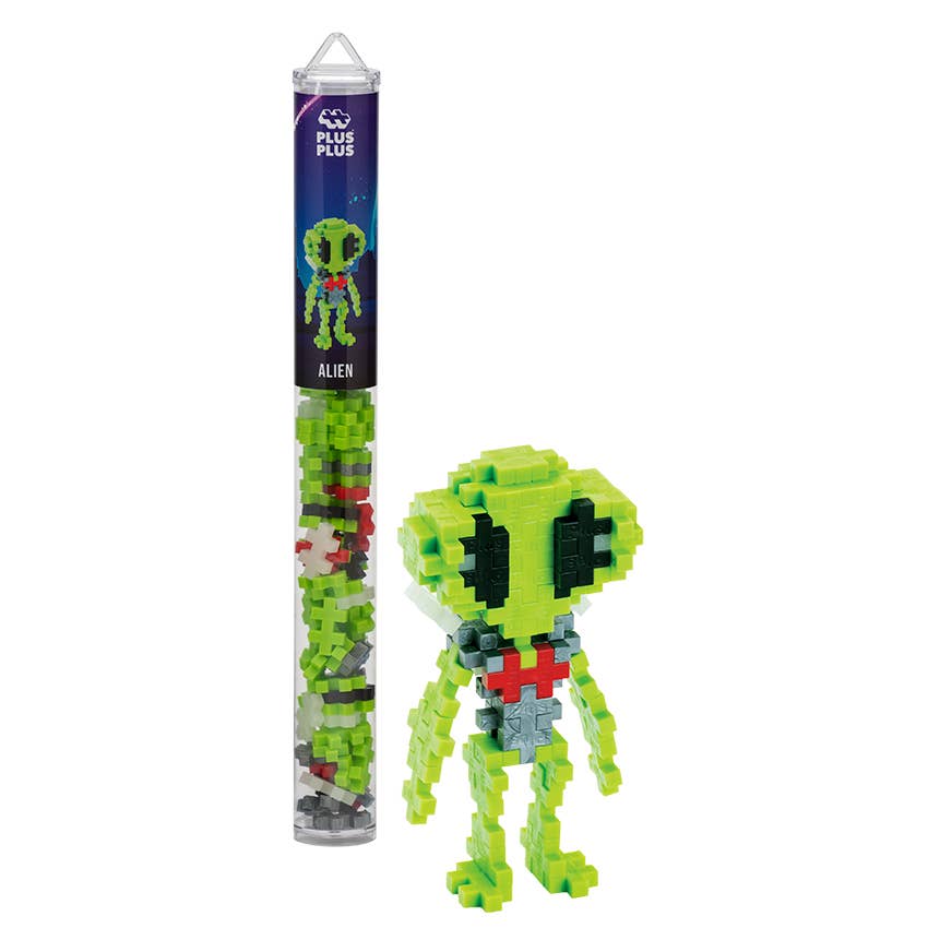 Plus-Plus Tube Alien builder set with 70 colorful interlocking pieces and reusable container