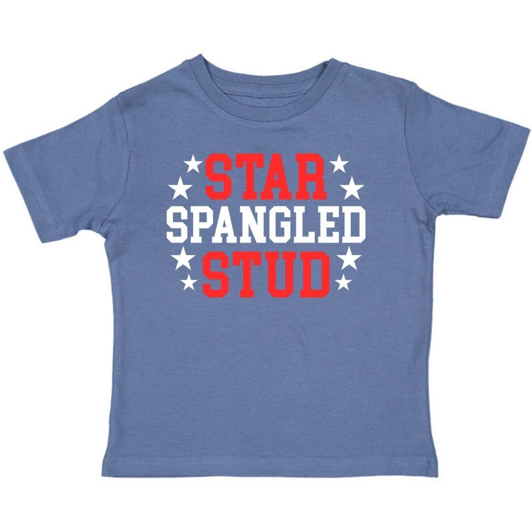 Star Spangled Stud indigo short sleeve shirt with red and white graphics by Sweet Wink