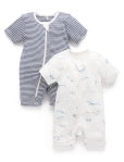 Two-pack Purebaby Short Zip Growsuit in nautical with double-zip closure and safety fold detail