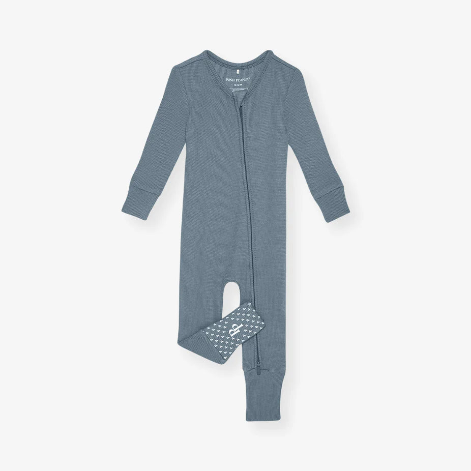Slate-colored convertible one-piece pajamas by Posh Peanut with 2-way zipper and convertible footies