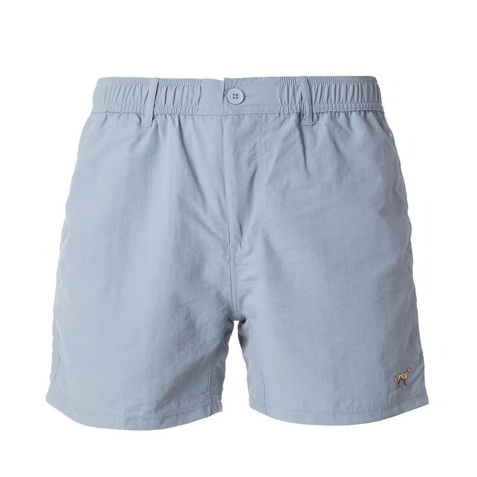 Fieldstone Angler Shorts in washed denim with five-inch inseam, front detail view.