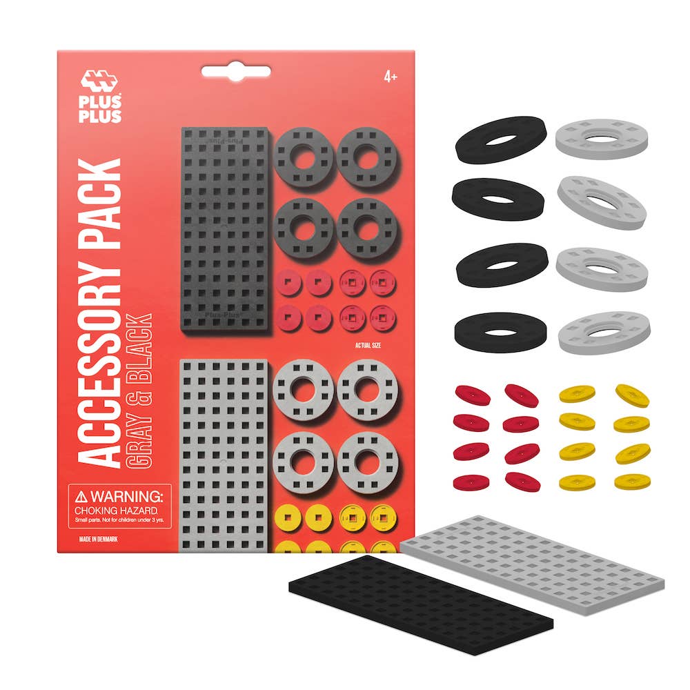 Plus-Plus Accessory Pack showing gray and black chassis baseplates, wheels, and colorful hubs