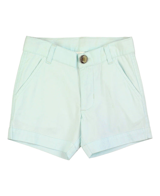 Mint stretch chino shorts with adjustable elastic waistband and metal clasp closure