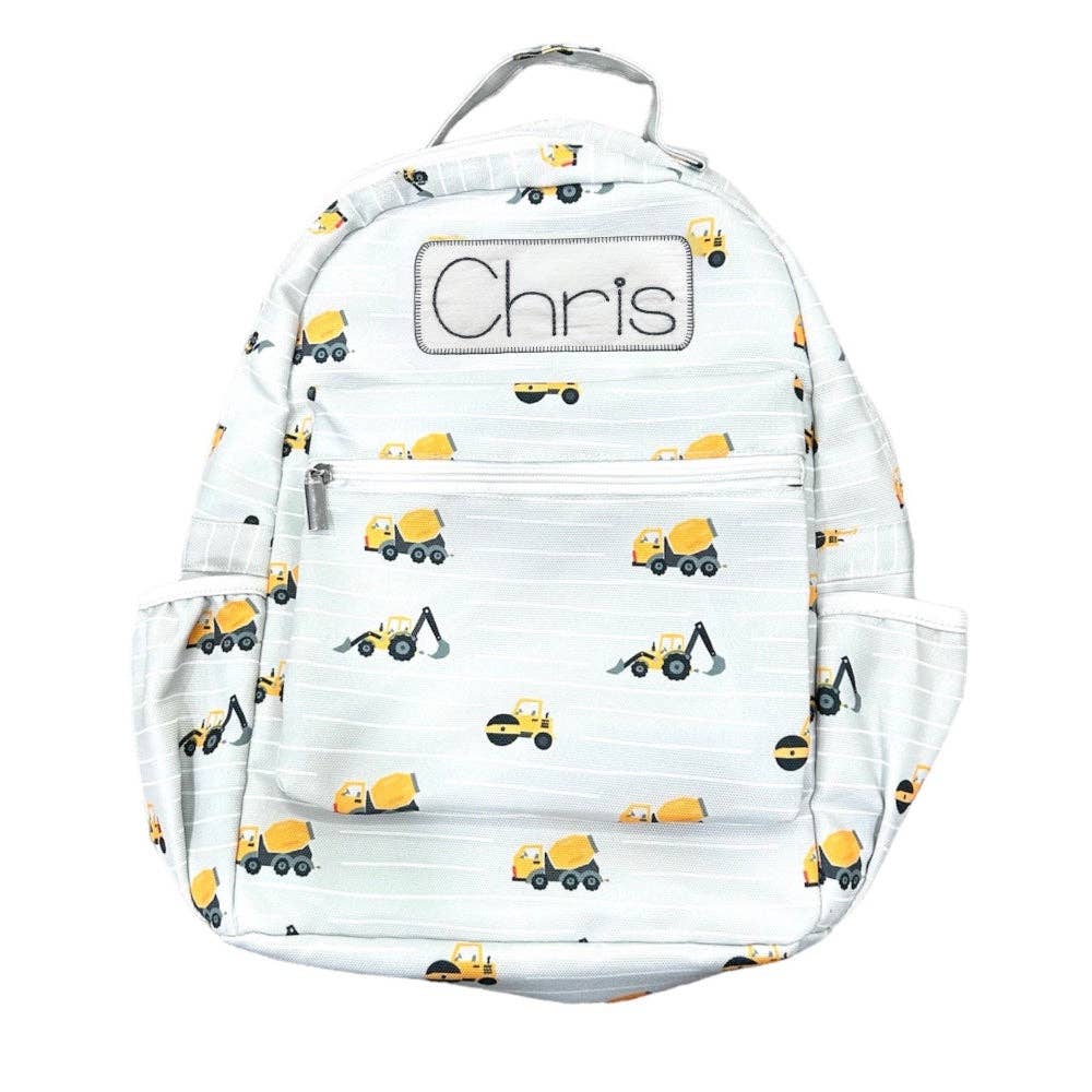 Construction on Grey Toddler Backpack with exterior and interior storage pockets