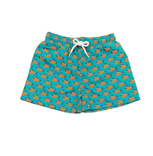 Saint Simons Swim Trunk in teal with tropical fish print by Saltwater Boys