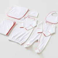 Nola Tawk Red Newborn Take Me Home Set, six-piece collection of white gowns with red trim