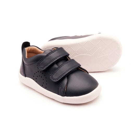 Old Soles Little Tot navy and white leather sneaker with nonslip sole, front view