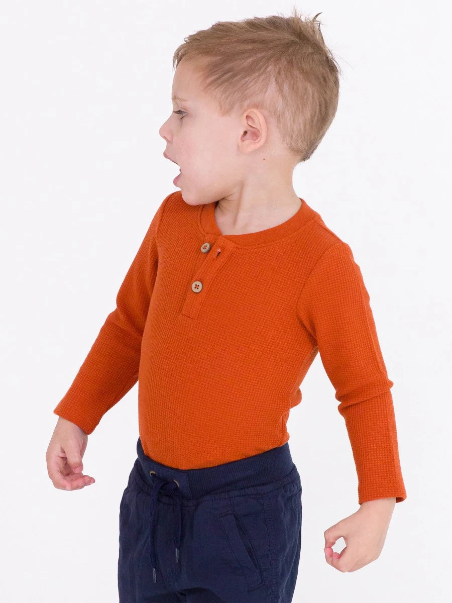 Waffle Knit Henley Bodysuit-Rust, Rugged Butts