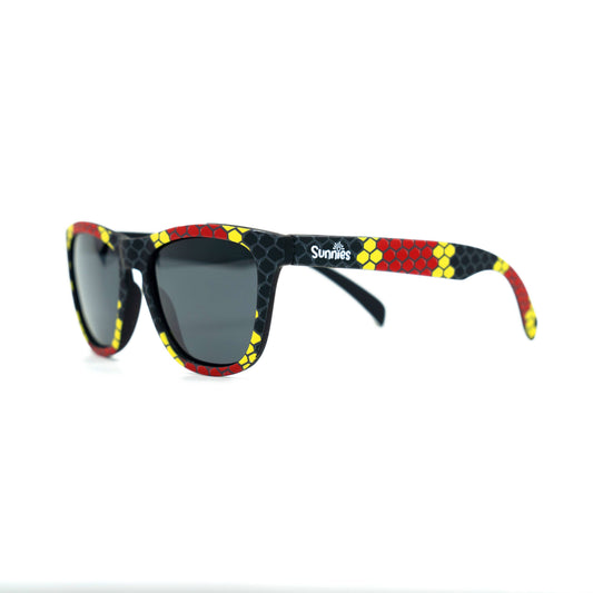 Sir Hisssss coral snake-print polarized sunglasses with non-reflective black lenses and anti-slip frames