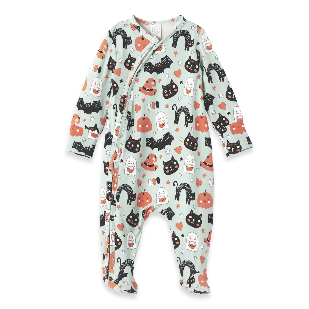 Boo to You long-sleeve footed zipper romper in bamboo-cotton blend by Tesa Babe