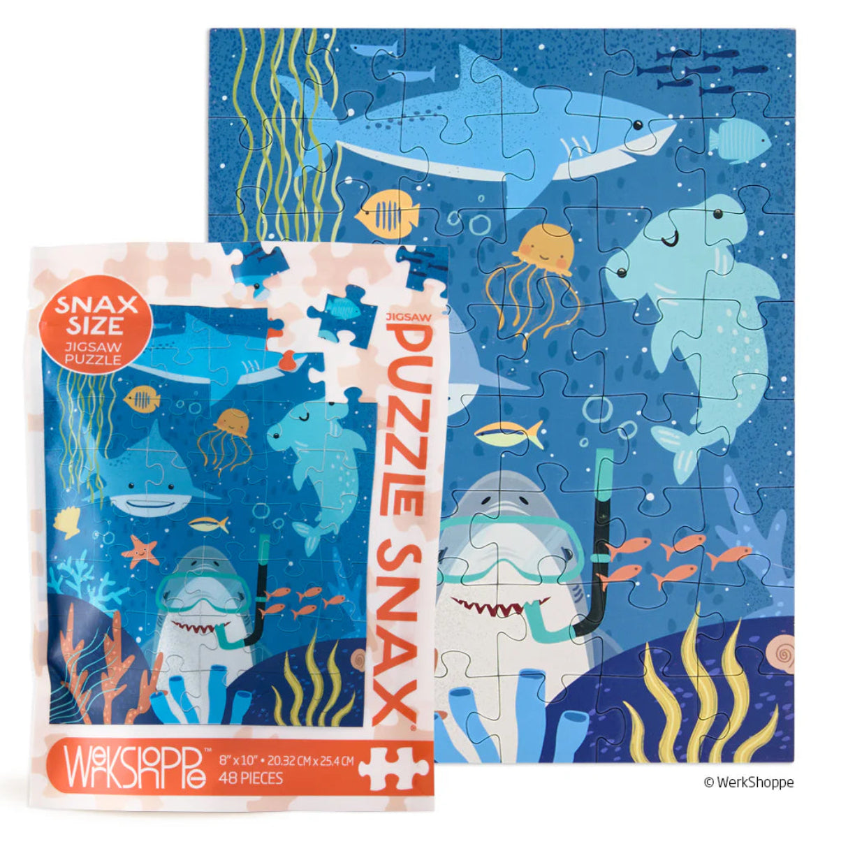 Werkshoppe Shark Tank 48-piece puzzle box featuring refined ocean-themed illustration