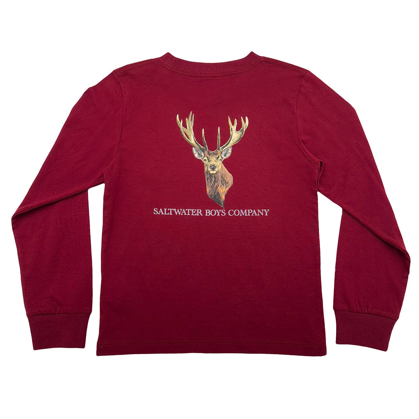Maroon long-sleeve boys' graphic tee with subtle deer head pocket detail in neutral tone