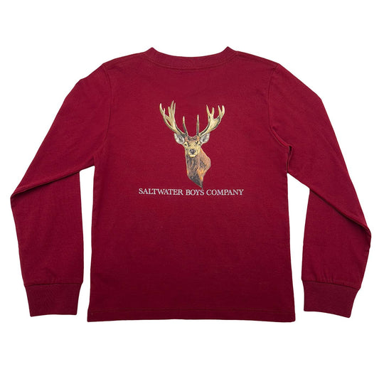 Maroon long-sleeve boys' graphic tee with subtle deer head pocket detail in neutral tone