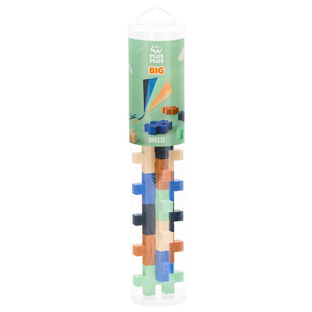 Plus-Plus BIG 15-piece tube in Breeze colorway with Navy, Blue, Mint, Vanilla, and Camel pieces