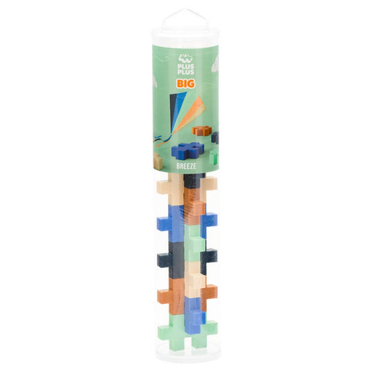 Plus-Plus BIG 15-piece tube in Breeze colorway with Navy, Blue, Mint, Vanilla, and Camel pieces