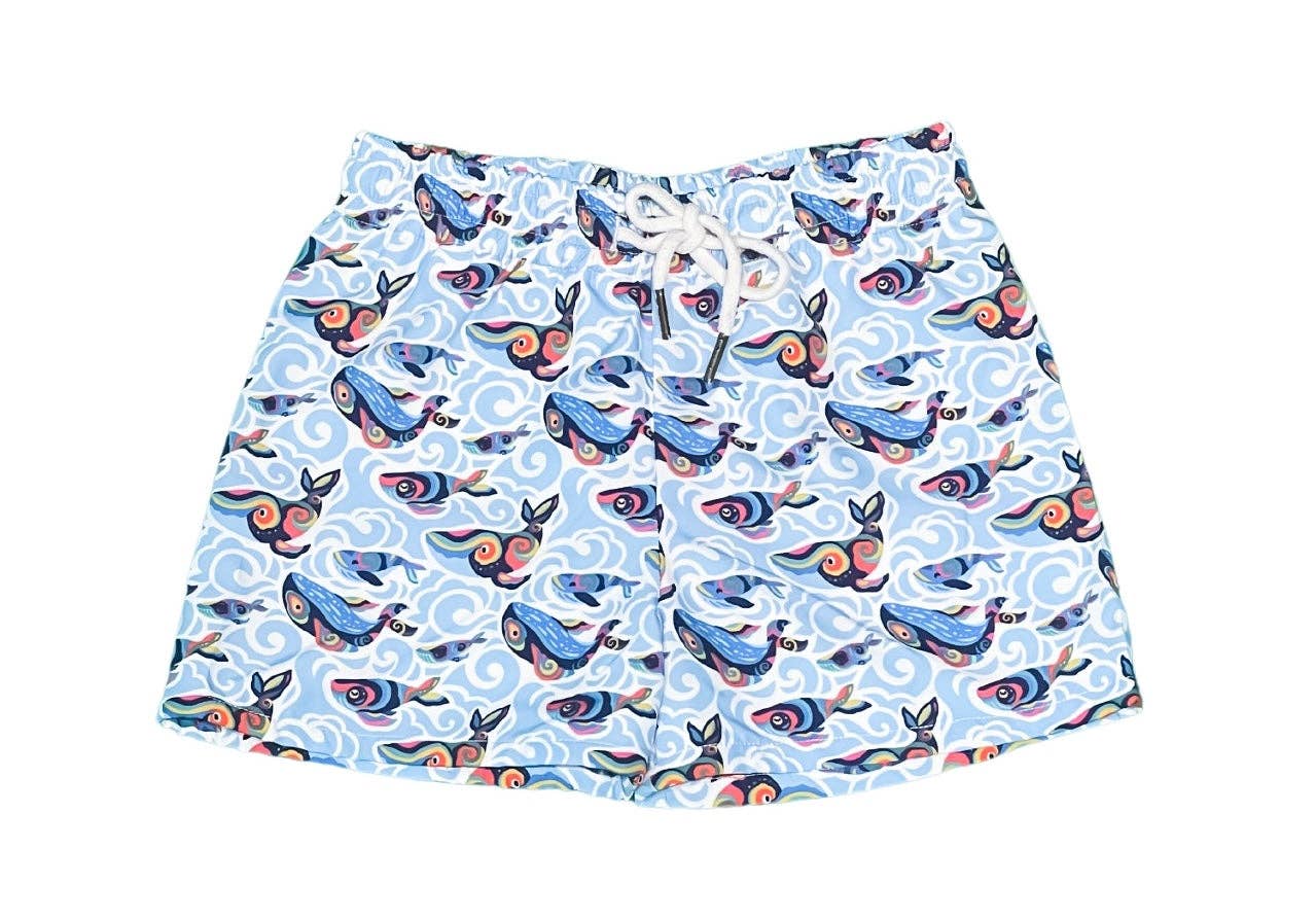 Saint Simons Happy Whales boys swim shorts by Saltwater Boys in navy with whale print