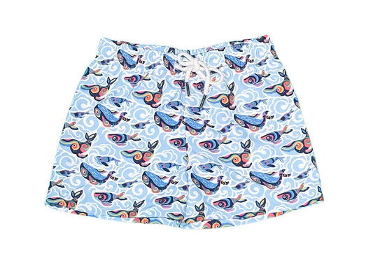 Saint Simons Happy Whales boys swim shorts by Saltwater Boys in navy with whale print