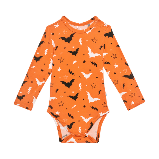 Hendrix orange bats long sleeve bodysuit with functional buttons, Posh Peanut