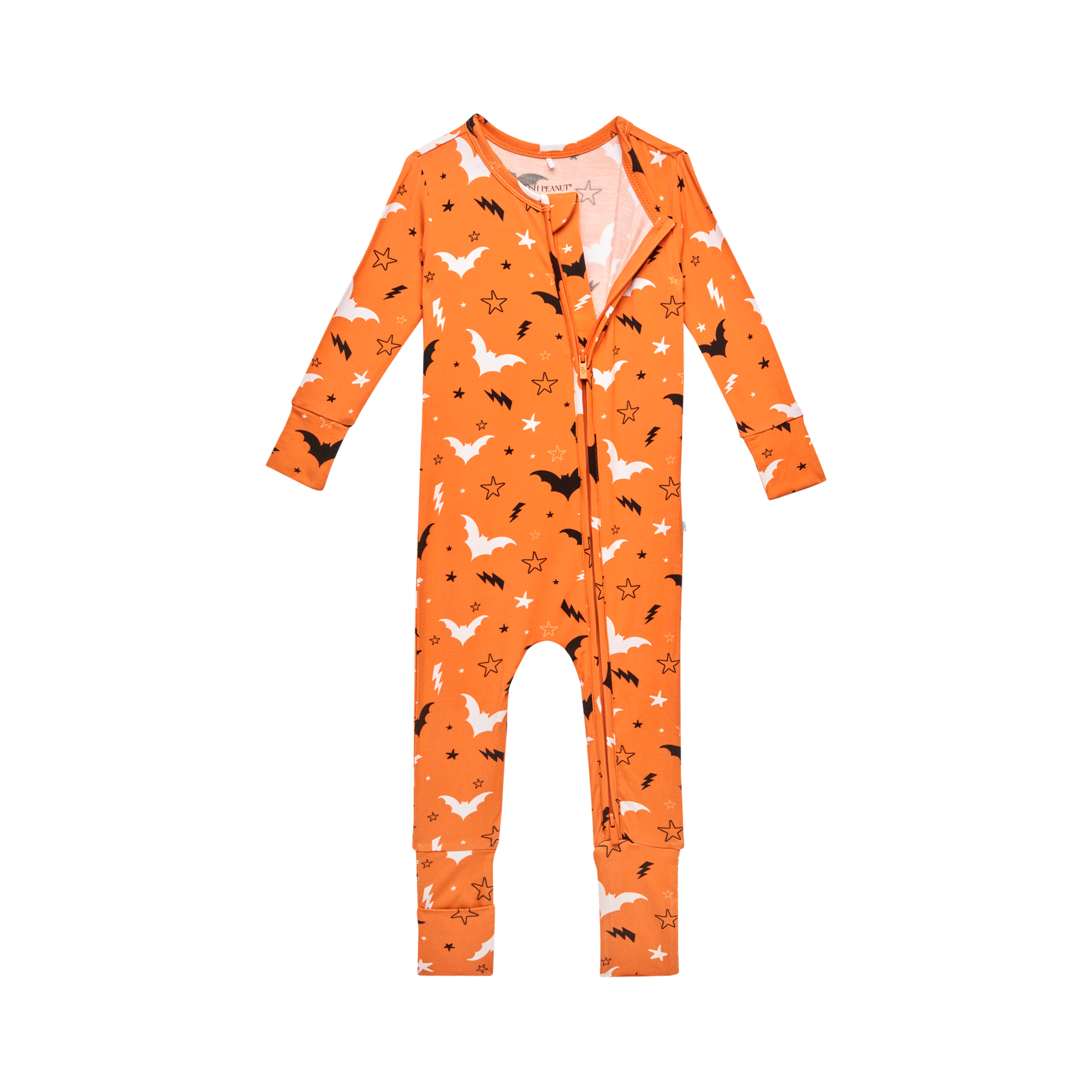 Hendrix convertible one-piece in Orange Bats print with two-way zipper and convertible mittens and footies