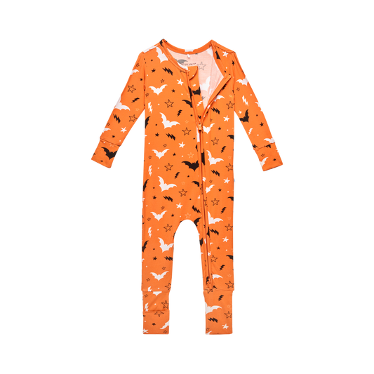 Hendrix convertible one-piece in Orange Bats print with two-way zipper and convertible mittens and footies