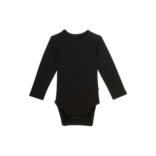 Black long sleeve bodysuit with functional buttons, crafted from Päpook® viscose from bamboo by Posh Peanut.