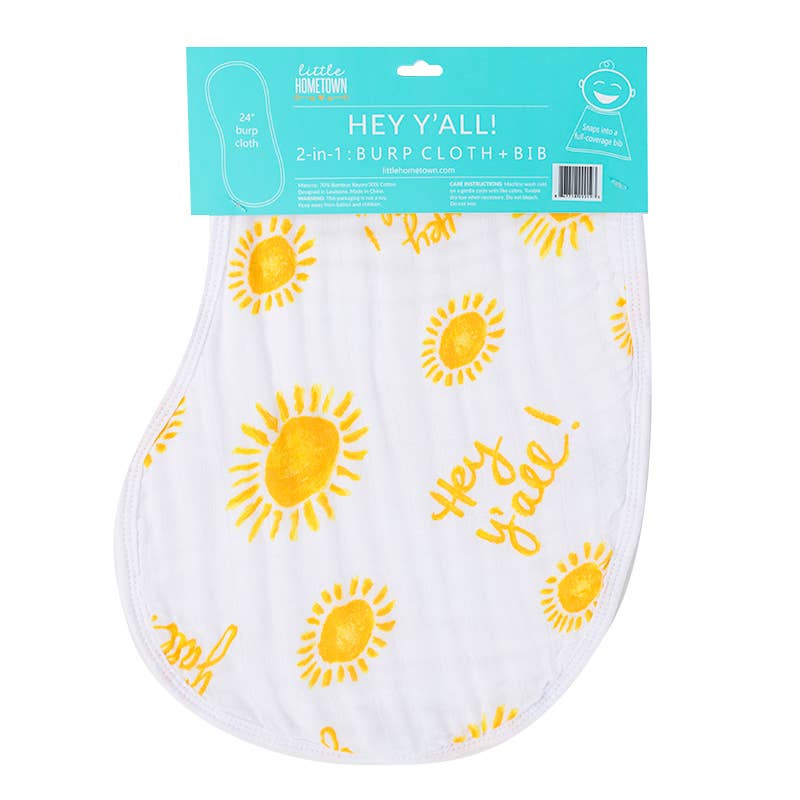 Hey Y'all Burp/Bib Combo in bamboo rayon and cotton, 10" × 24", with snap closure for conversion.