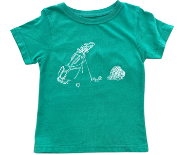 Green golf t-shirt with minimalist hand-drawn golf bag and ball graphic by Mustard & Ketchup Kids