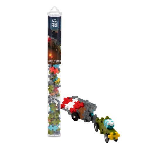Plus-Plus Travel Trailer tube containing 70 interlocking building pieces in red, white, silver, camel, yellow, orange, turquo