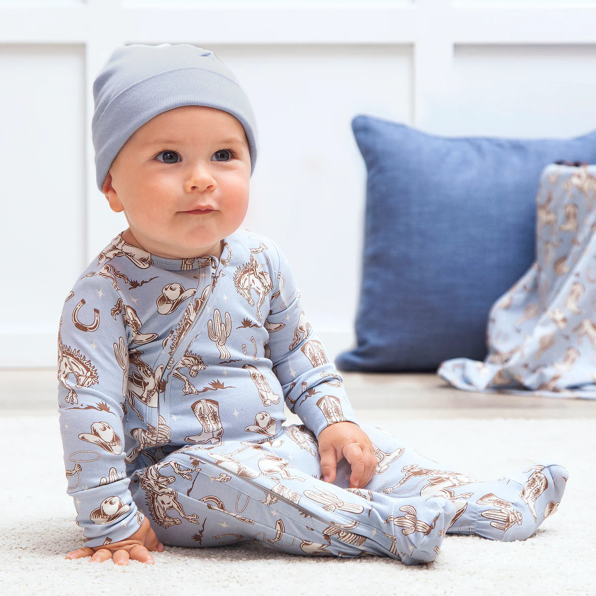 Wild Wrangler Blue Footie Zipper Romper by Tesa Babe in soft bamboo-spandex blend