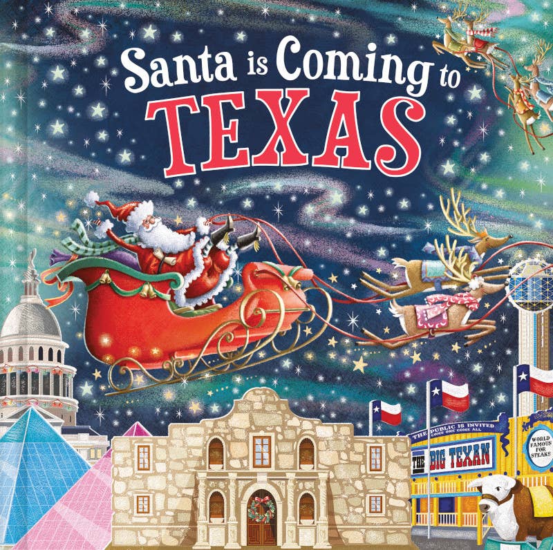 Santa Is Coming to Texas children's picture book cover by Sourcebooks, featuring festive holiday illustrations