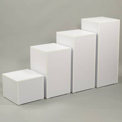 White laminated wood cube pedestal display, 12 inches tall, with open base design for retail showcasing