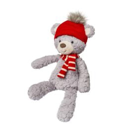 Putty Holiday plush toy with glimmering fabric scarf and top hat, soft etched fabric, neutral holiday aesthetic