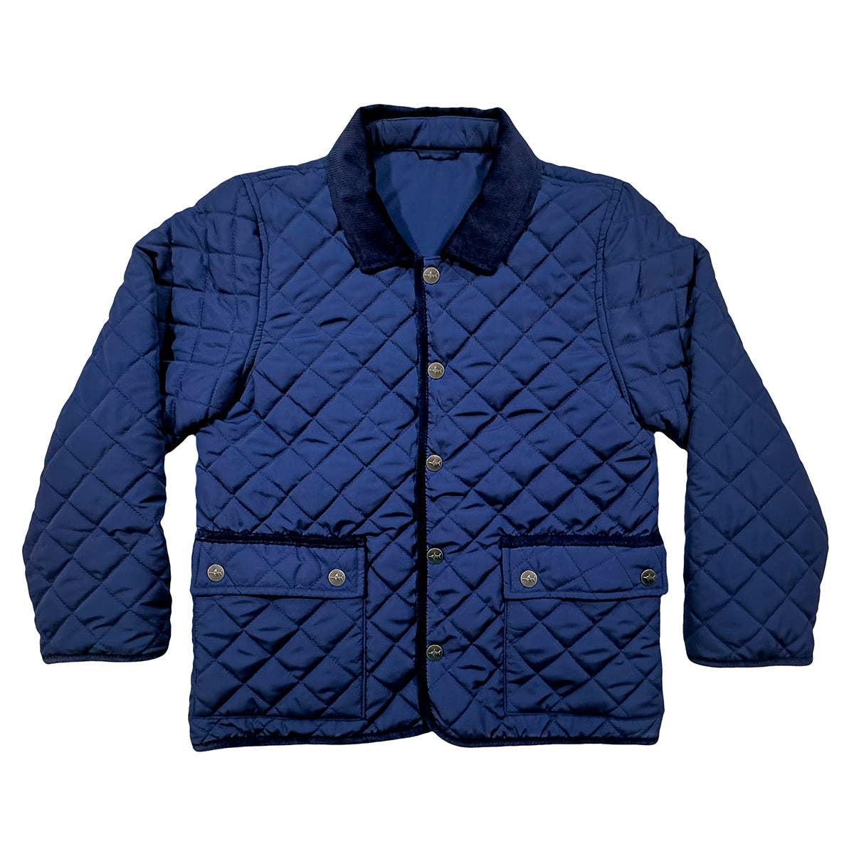 Navy quilted Derby Field Jacket with corduroy collar and embossed brass snaps by Saltwater Boys