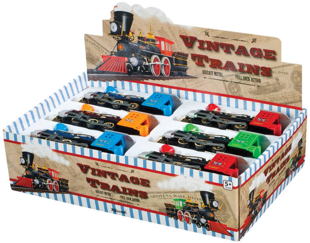 Set of four Toysmith Vintage Trains diecast metal locomotives in classic vintage colorways