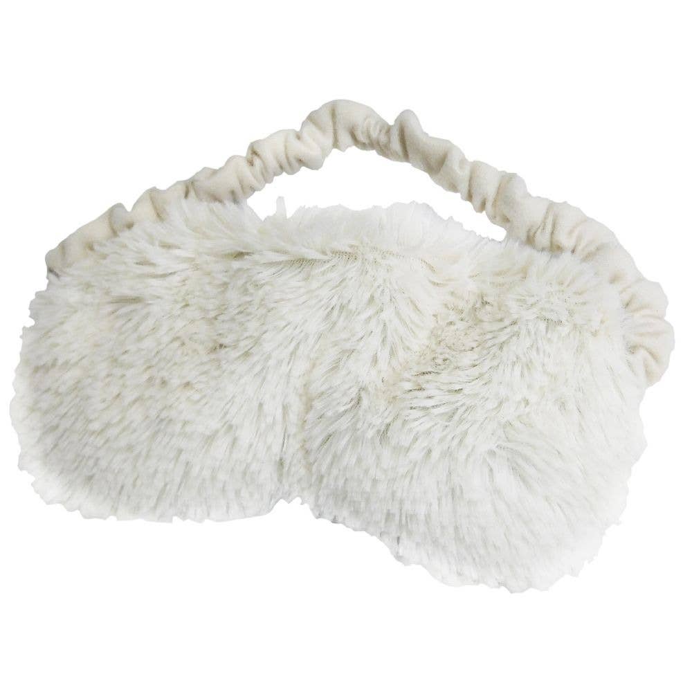 Cream plush Warmies eye mask for microwave heat therapy and cooling relief