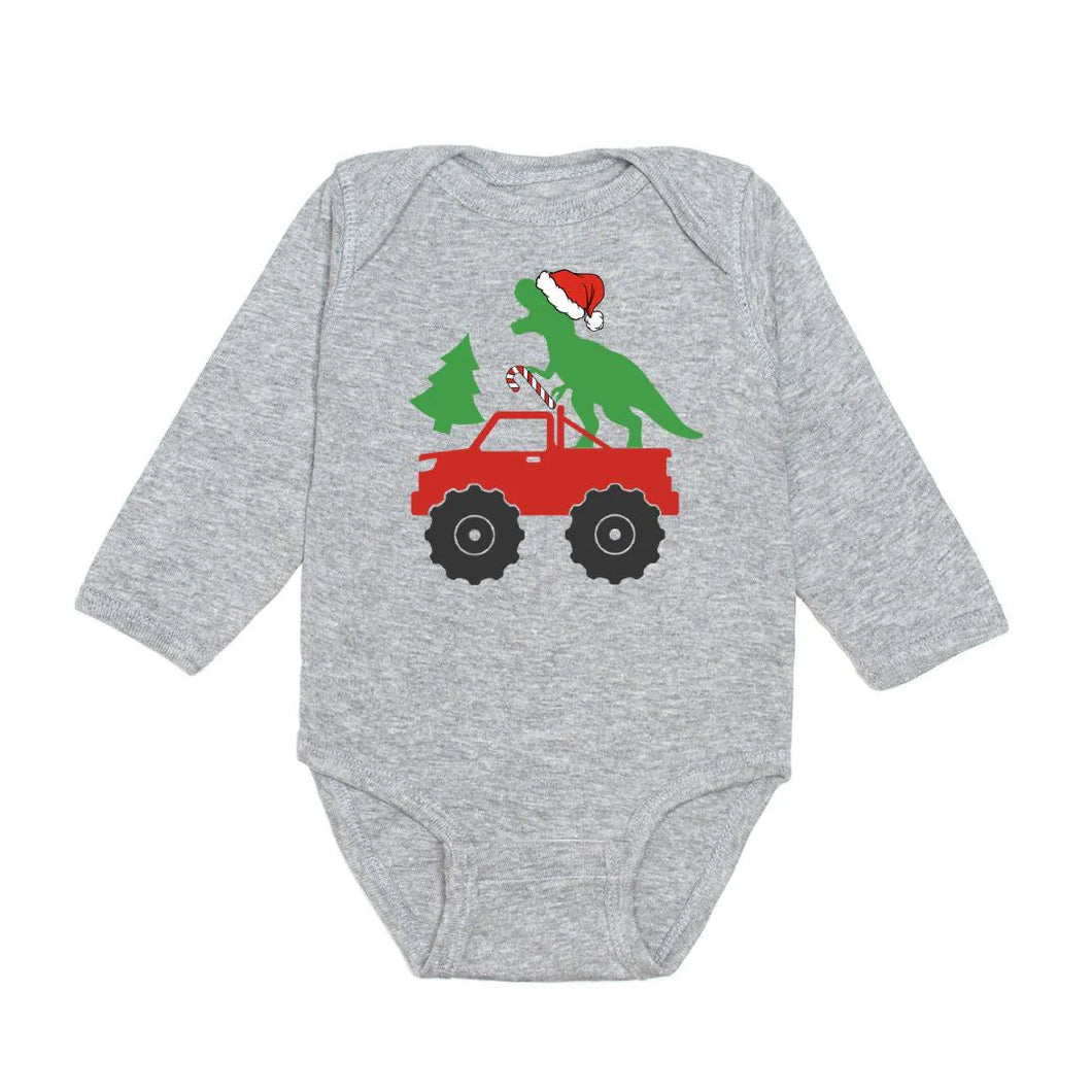 Sweet Wink, Santa Dino Monster Truck Christmas LS BodySuit-Gray