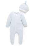 PureBaby, Zip Growsuit & Hat Set-Pale Blue Melange Stripe