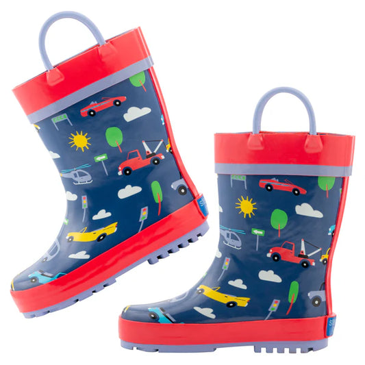 Stephen Joseph waterproof rain boots with non-slip sole, shown in neutral design