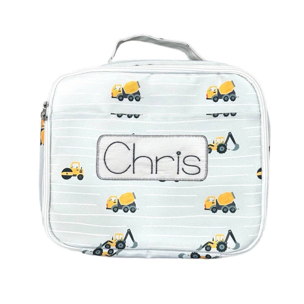 Grey insulated lunch bag with construction print design, 10x12x3 inches, exterior pocket