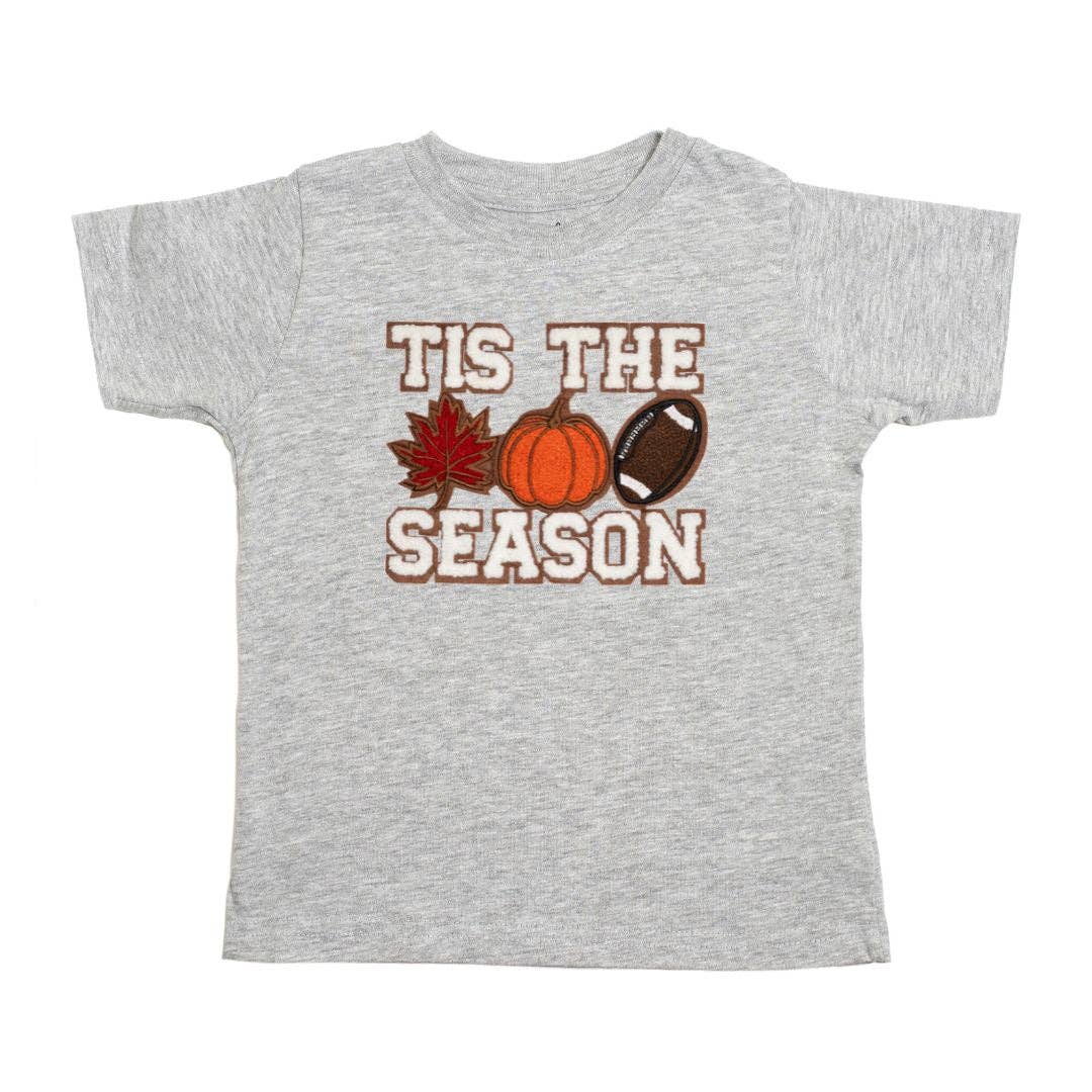 Heather gray short-sleeve tee with multicolor chenille pumpkin patch and brown felt detail by Sweet Wink