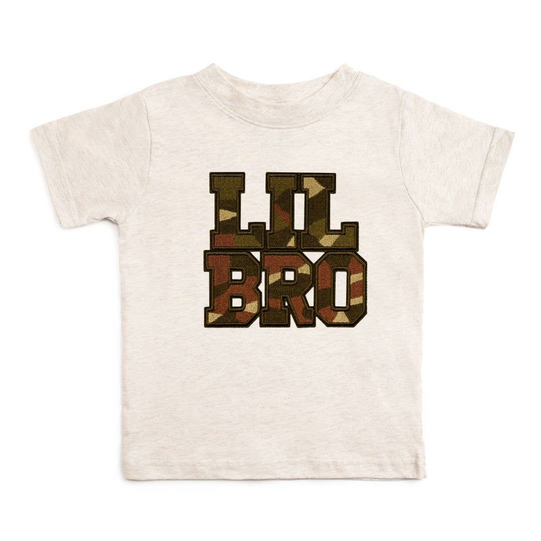 Natural heather short sleeve tee with subtle camo chenille patch and black outline, Sweet Wink