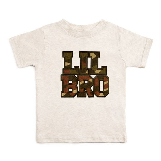 Natural heather short sleeve tee with subtle camo chenille patch and black outline, Sweet Wink